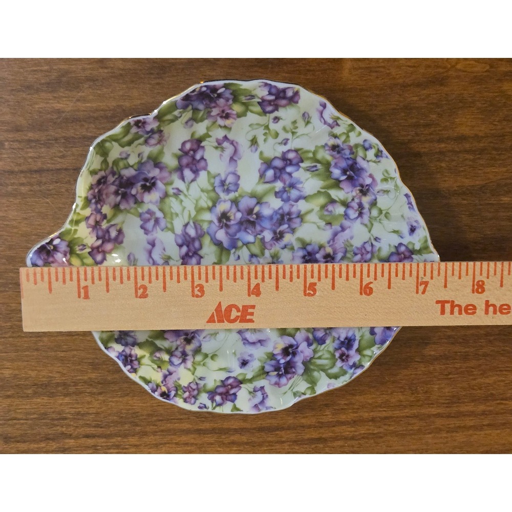 Royal Danube Purple Pansy Floral Leaf Shaped Porcelain Trinket Dish Gold Trim